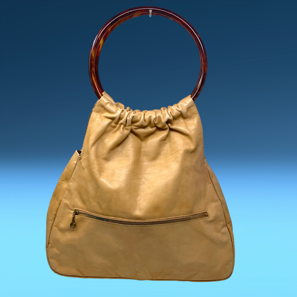 Vintage Ruth Saltz Tortoiseshell Circle Top Handle Waxed Camel Leather Purse